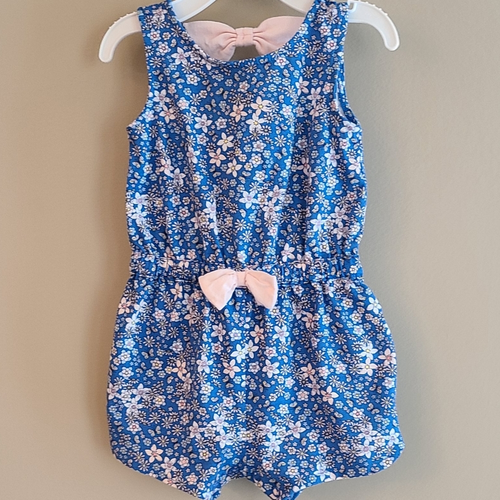 Floral blue shirt romper with bow detail